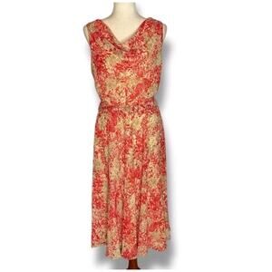 Vintage Lauren Ralph Lauren Midi Dress 10 Tan Red Cowl Neck Retro Modest Classic